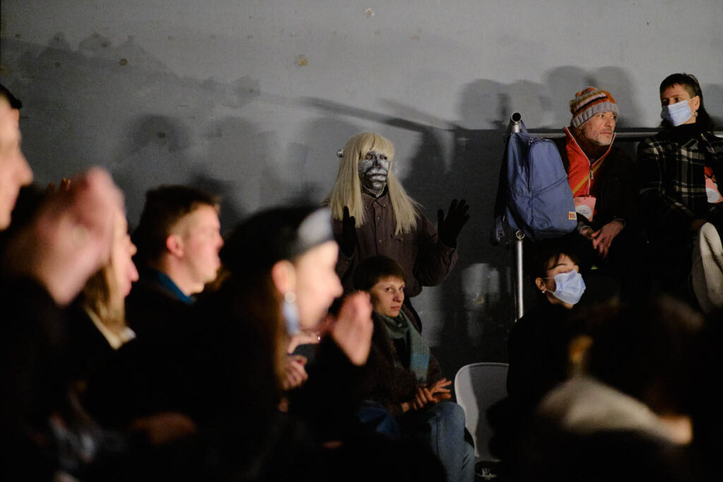 “Uma” stalks the auditorium in Netti Nüganen’s Myth: Last Day. Photo © Rihards Klaužs