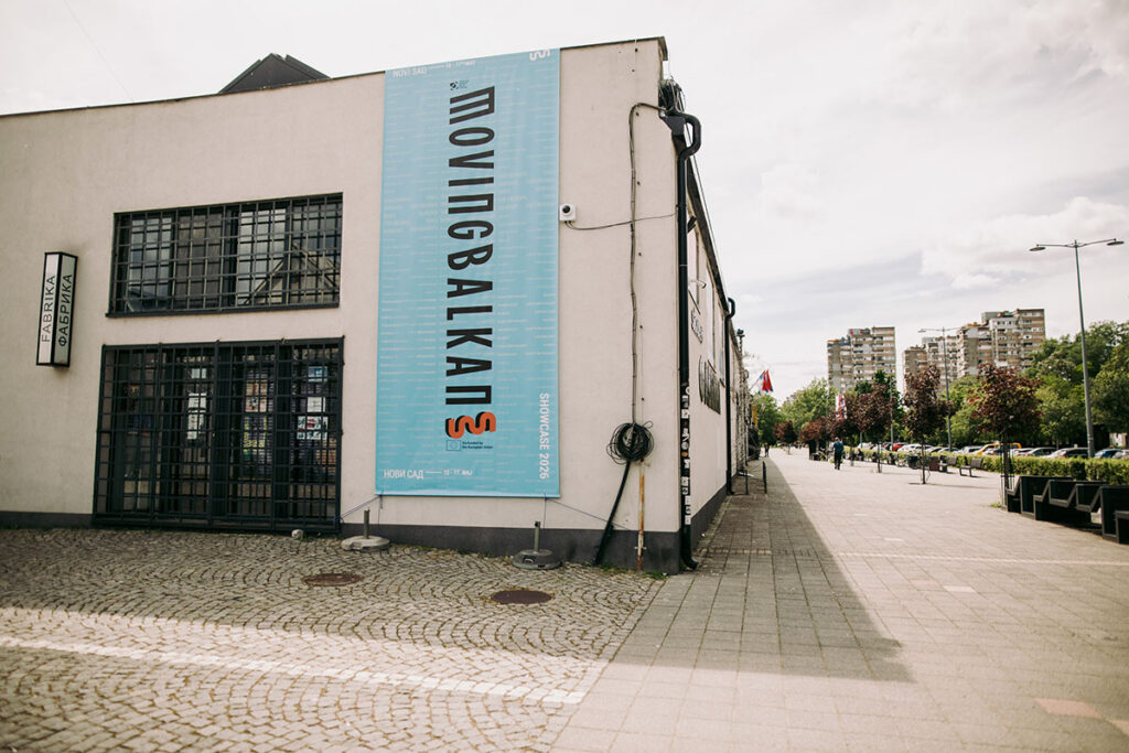 Exterior of building with Moving Balkans logo