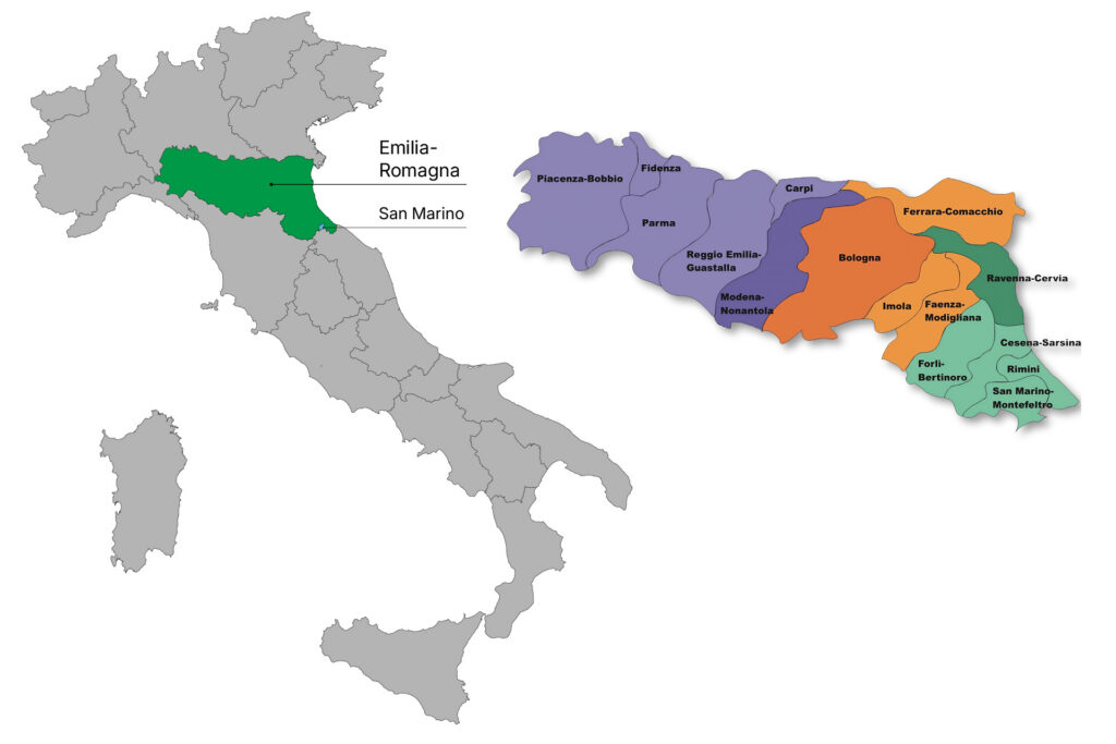 Map of Italy showing enlarged view of regions within Emilia-Romagna
